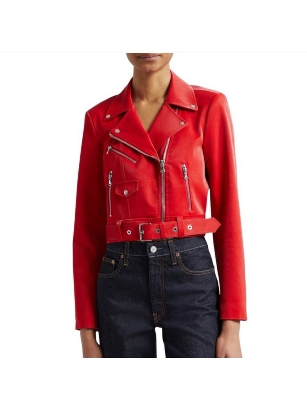 NWOT Cinq A Sept Zoe Jacket NEW Faux Leather Red Sangria Moto Biker Belted Sz XS